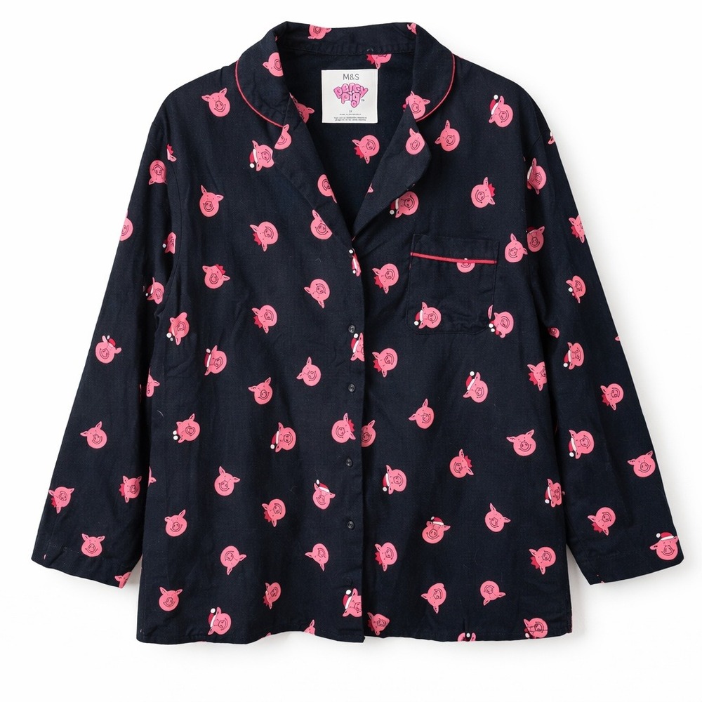 M&S Percy Pig Christmas Pajama Top Navy Pink Santa‎ Hat Button Down Shirt Sz 12